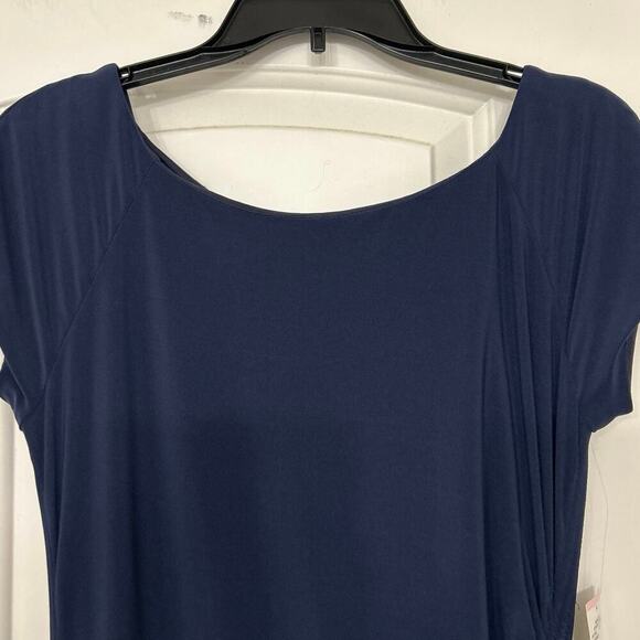 Evan Picone Blue Jersey Ruched Cap Sleeve Fit To Flare Asymmetrical Dress 10 - Picture 7 of 15